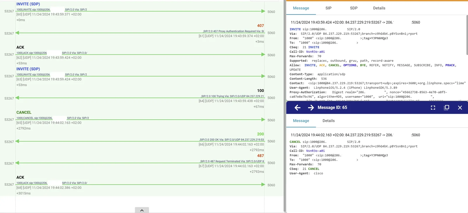 HOMER 7 call flow with INVITE, 407, ACK, 100 Trying, CANCEL, 200 OK, 487 and ACK, and message details showing the INVITE User-Agent as LinphoneiOS while the CANCEL User-Agent reads cisco