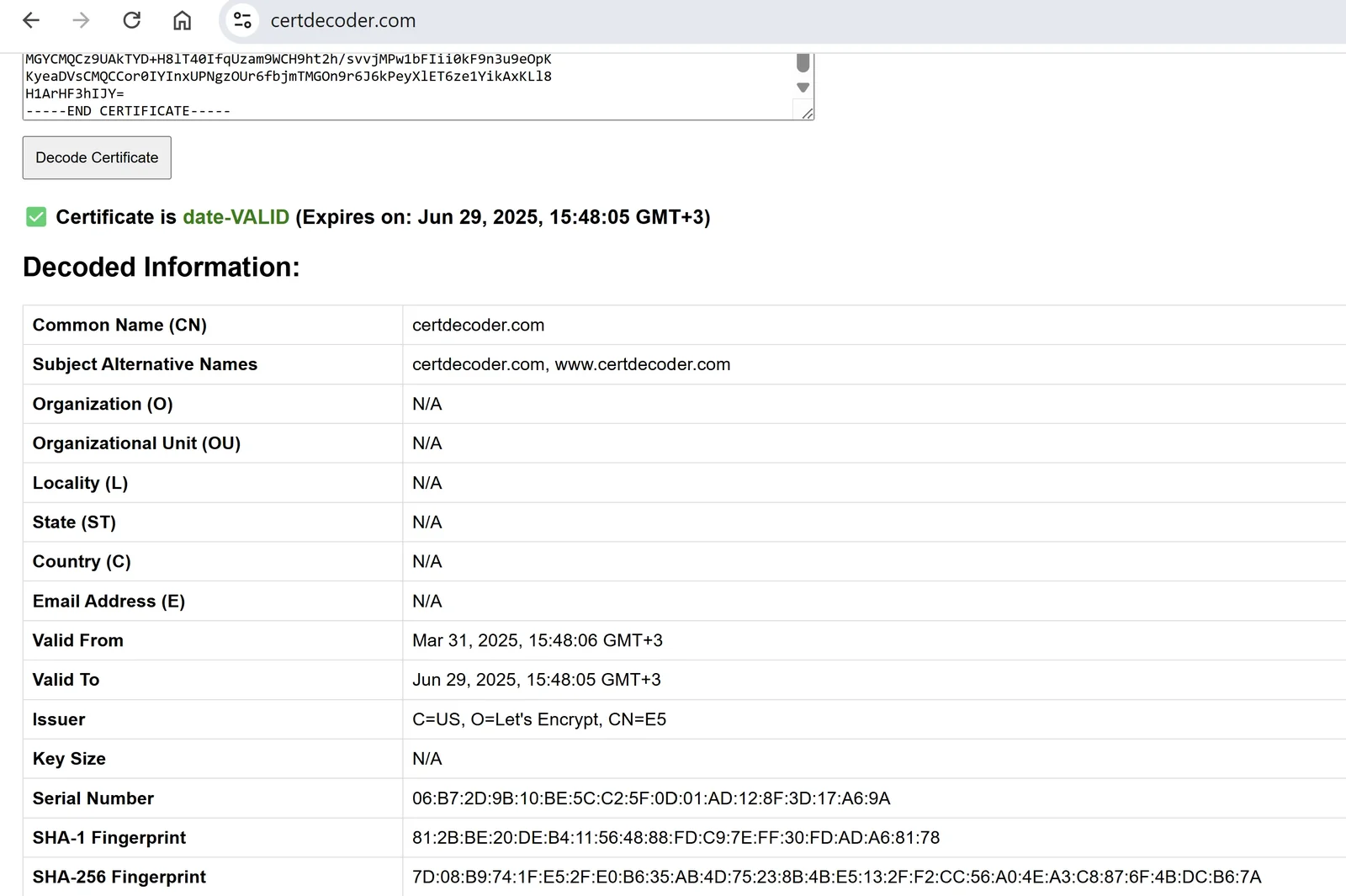 certdecoder.com showing a decoded certificate that is date-valid, issued by Let's Encrypt, valid from Mar 31 to Jun 29, 2025, for certdecoder.com and www.certdecoder.com