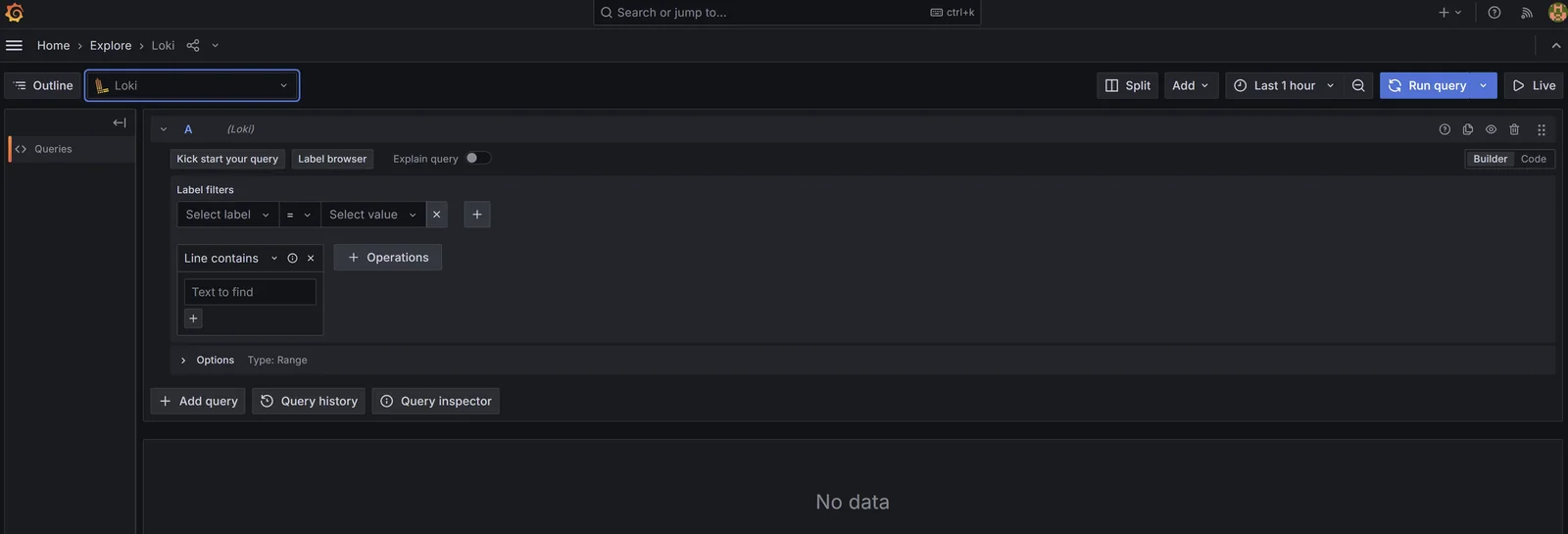 Grafana Explore page with Loki selected as the data source and an empty query builder