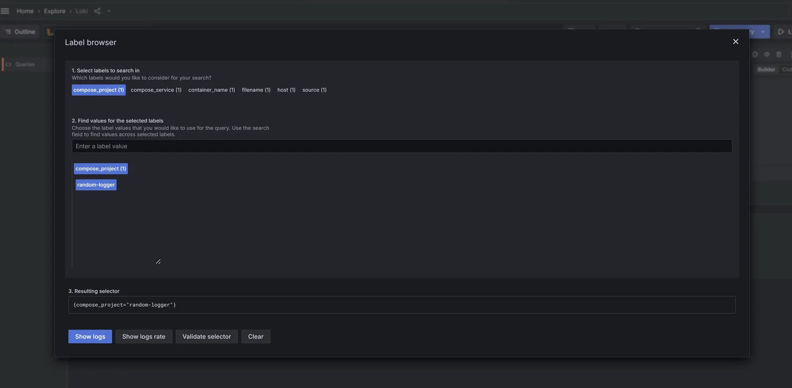 Grafana Loki label browser with compose_project selected and the value random-logger, resulting selector {compose_project="random-logger"} and a Show logs button