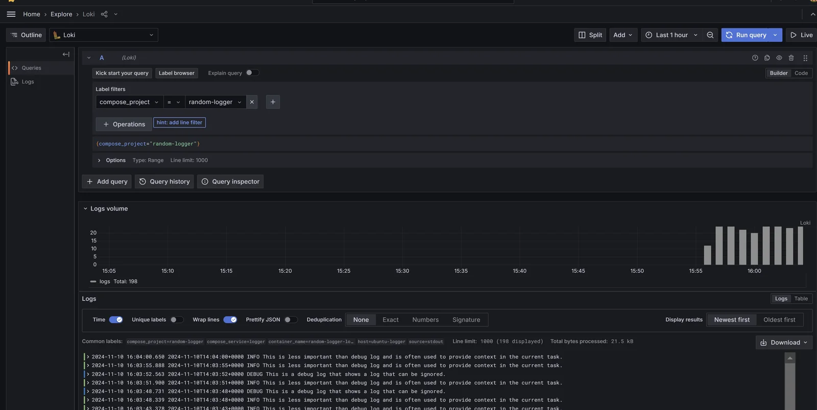 Grafana Explore showing a logs volume chart and a list of log lines from the random-logger container